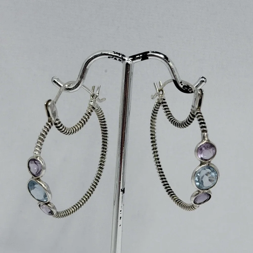 Large Sterling Thin Cable Hoops Amethyst and Blue Topaz 6 Grams Pierced Ears